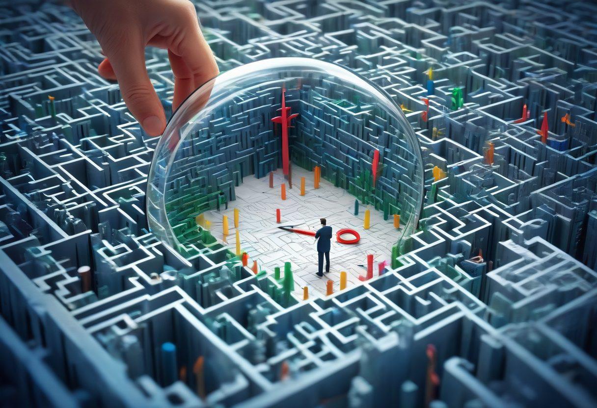 An intricate maze symbolizing the complexity of insurance policies, with a determined individual holding a magnifying glass, examining various claim documents scattered around. Brightly colored arrows guide them through paths labeled with keywords like 'Coverage', 'Claims', and 'Procedures'. The background features a towering office building representing an insurance company. super-realistic. vibrant colors. 3D.