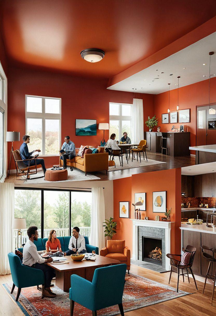 A dynamic illustration showing a split scene: on one side, a happy family enjoying their home, symbolizing personal insurance; on the other, a bustling business scene with professionals discussing over a conference table, representing commercial insurance. In the center, a large question mark made of various insurance icons, like a house, car, and briefcase. Bright and inviting color palette to engage readers. super-realistic. vibrant colors.