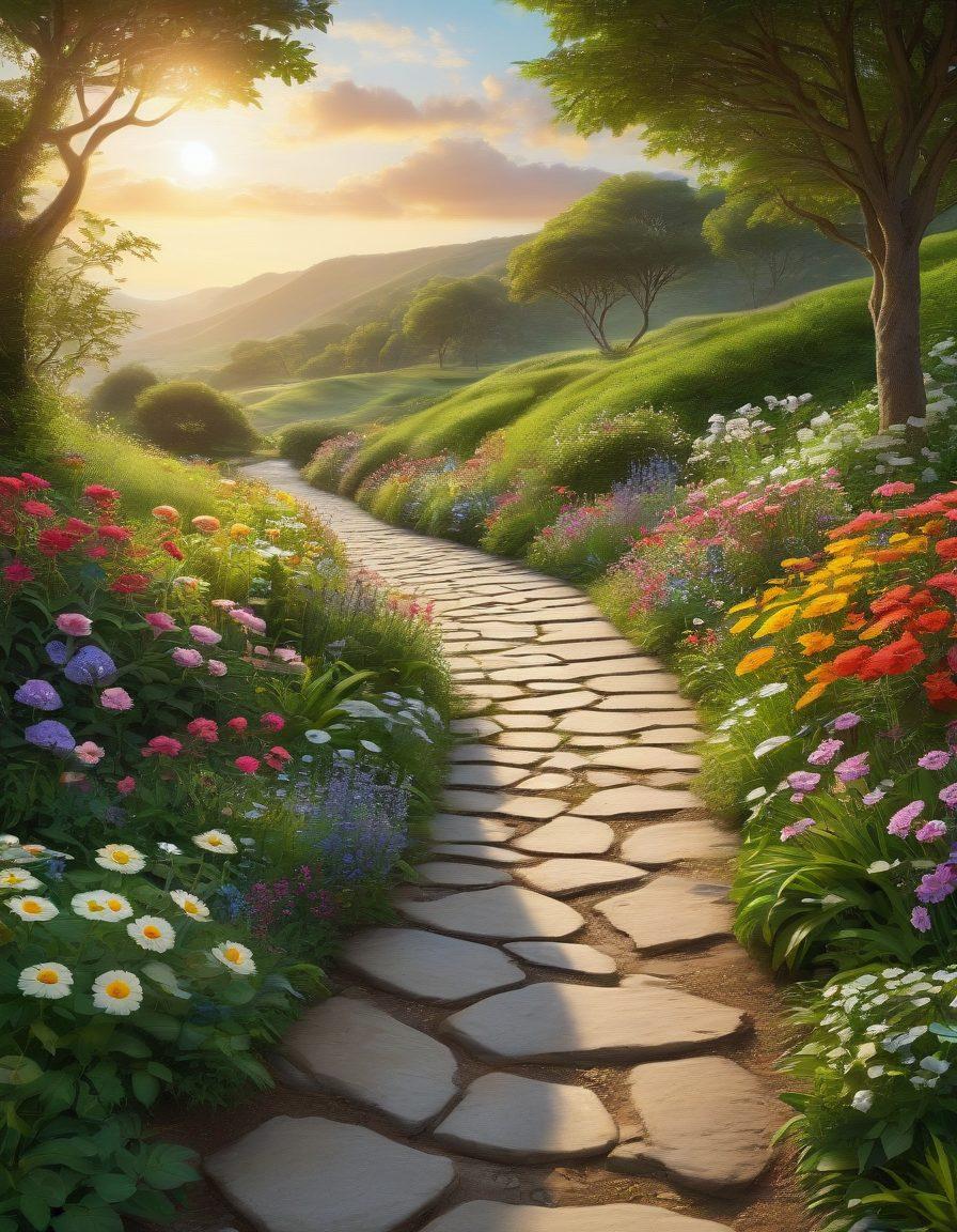 A serene view showcasing a winding path through a beautiful landscape, dotted with various insurance symbols like shields, checkmarks, and policy documents along the way. In the distance, a bright sun symbolizes clarity and guidance, while subtle clouds represent the complexities of insurance. The scene invites exploration and understanding, emphasizing the journey of navigating the insurance world. vibrant colors. super-realistic.